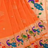 Vibrant Orange Paithani Weave Saree With Gold Zari Peacock Border