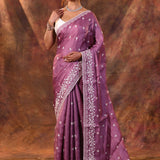 Fuchsia Purple Floral Embroidered Silk Blend Saree