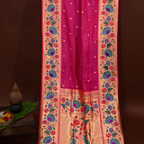 Rani Pink Paithani Silk Saree With Lotus Floral Weave Border & Gold Zari Butti