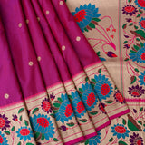 Magenta And Beige Paithani Woven Pure Silk Saree With Teal Lotus Floral Border And Pallu