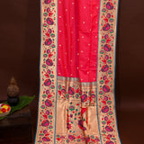 Coral Pink Gold Zari Floral Butti Pure Silk Paithani Saree With Cream Multicolour Lotus Pallu