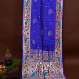 Royal Blue Paithani Weave Saree With Silver Zari Peacock Border