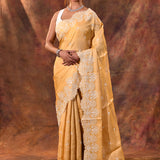 Light Yellow Floral Embroidered Silk Blend Saree
