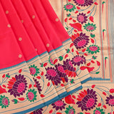 Coral Pink Gold Zari Floral Butti Pure Silk Paithani Saree With Cream Multicolour Lotus Pallu