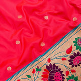 Coral Pink Gold Zari Floral Butti Pure Silk Paithani Saree With Cream Multicolour Lotus Pallu