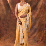 Light Yellow Floral Embroidered Silk Blend Saree