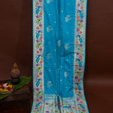 Bright Blue Paithani-Inspired Silk Blend Saree With Silver Zari Peacock Border