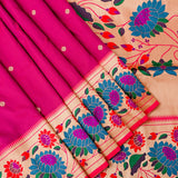 Rani Pink Paithani Silk Saree With Lotus Floral Weave Border & Gold Zari Butti