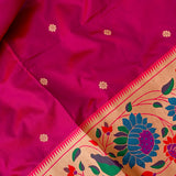 Rani Pink Paithani Silk Saree With Lotus Floral Weave Border & Gold Zari Butti