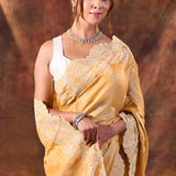 Light Yellow Floral Embroidered Silk Blend Saree