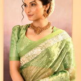 Lime Green Tissue Embroidered Saree
