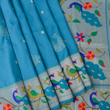 Bright Blue Paithani-Inspired Silk Blend Saree With Silver Zari Peacock Border