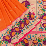 Bright Orange Silver Zari Floral Butti Pure Silk Paithani Saree With Multicolour Lotus Beige Pallu