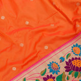 Bright Orange Silver Zari Floral Butti Pure Silk Paithani Saree With Multicolour Lotus Beige Pallu