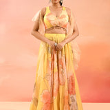 Lemon Yellow Floral Organza Indo Western Set