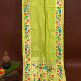 Lime Green Paithani Silk Saree With Peacock & Floral Weave Border