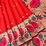 Red And Beige Paithani Woven Pure Silk Saree With Multicolour Lotus Floral Border And Pallu