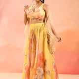 Lemon Yellow Floral Organza Indo Western Set