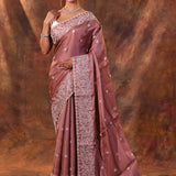 Dark Brown Floral Embroidered Silk Blend Saree