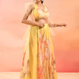 Lemon Yellow Floral Organza Indo Western Set