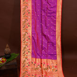 Purple And Gold Zari Woven Butti Pure Silk Banarasi Saree With Paithani Lotus Bird Pallu