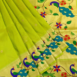 Lime Green Paithani Silk Saree With Peacock & Floral Weave Border