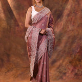 Dark Brown Floral Embroidered Silk Blend Saree