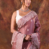 Dark Brown Floral Embroidered Silk Blend Saree