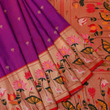 Purple And Gold Zari Woven Butti Pure Silk Banarasi Saree With Paithani Lotus Bird Pallu