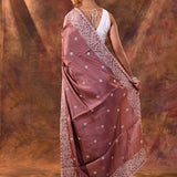 Dark Brown Floral Embroidered Silk Blend Saree