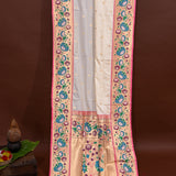 Off White Gold Zari Floral Butti Pure Silk Paithani Saree With Multicolour Teal Lotus Border And Pink Temple Border