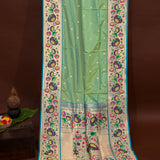 Light Green Gold Zari Butti Paithani Saree With Multi-Color Lotus Border