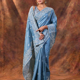 Aqua Blue Floral Embroidered Silk Blend Saree