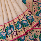 Off White Gold Zari Floral Butti Pure Silk Paithani Saree With Multicolour Teal Lotus Border And Pink Temple Border