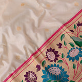 Off White Gold Zari Floral Butti Pure Silk Paithani Saree With Multicolour Teal Lotus Border And Pink Temple Border
