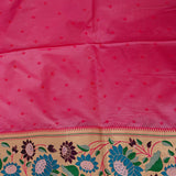 Off White Gold Zari Floral Butti Pure Silk Paithani Saree With Multicolour Teal Lotus Border And Pink Temple Border