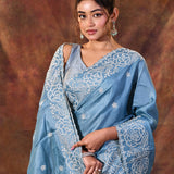 Aqua Blue Floral Embroidered Silk Blend Saree