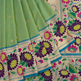 Light Green Gold Zari Butti Paithani Saree With Multi-Color Lotus Border
