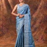 Aqua Blue Floral Embroidered Silk Blend Saree