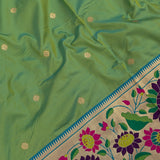 Light Green Gold Zari Butti Paithani Saree With Multi-Color Lotus Border