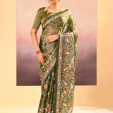 Dark Olive Green Embroidered Tissue Saree