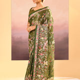 Dark Olive Green Embroidered Tissue Saree