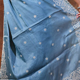 Aqua Blue Floral Embroidered Silk Blend Saree