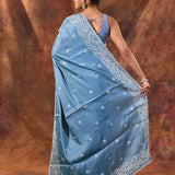 Aqua Blue Floral Embroidered Silk Blend Saree