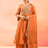Rust Orange Anarkali Set With Embroidered Neckline And Gota Border Dupatta