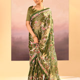 Dark Olive Green Embroidered Tissue Saree