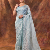 Pale Blue Floral Tissue Organza Saree
