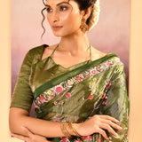 Dark Olive Green Embroidered Tissue Saree