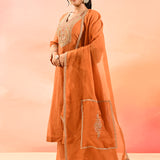 Rust Orange Anarkali Set With Embroidered Neckline And Gota Border Dupatta
