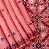 Salmon Pink Woven Floral Butti Linen Silk Banarasi Saree With Patola Geometric Pallu